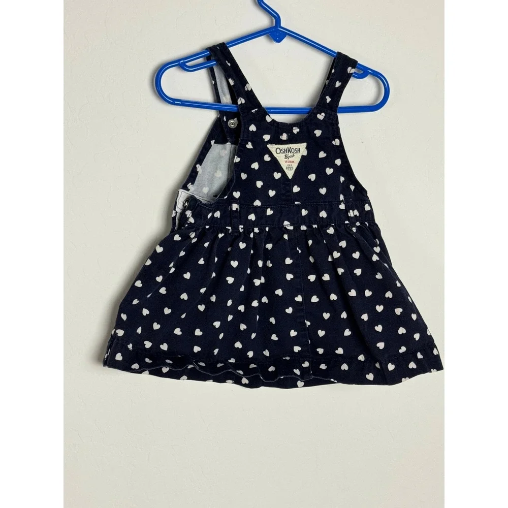 OshKosh B'gosh Girls Navy Blue Heart Print‎ Denim Bib Jumper Dress 24 Months